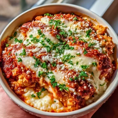 High Protein Chicken Parm Cottage Cheese Bowl topped with herbs and cheese