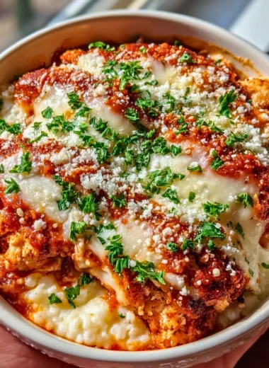 High Protein Chicken Parm Cottage Cheese Bowl topped with herbs and cheese
