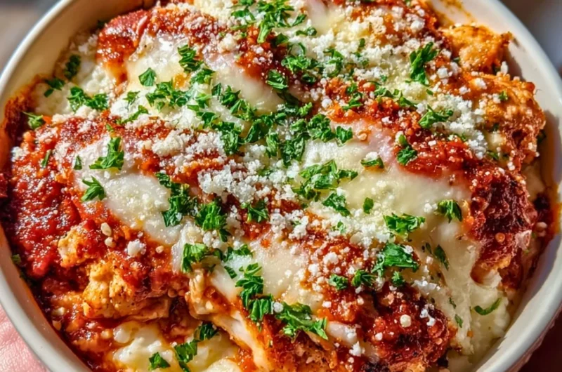 High Protein Chicken Parm Cottage Cheese Bowl topped with herbs and cheese