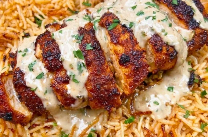 High Protein Creamy Cajun Chicken served with rice in a bowl.