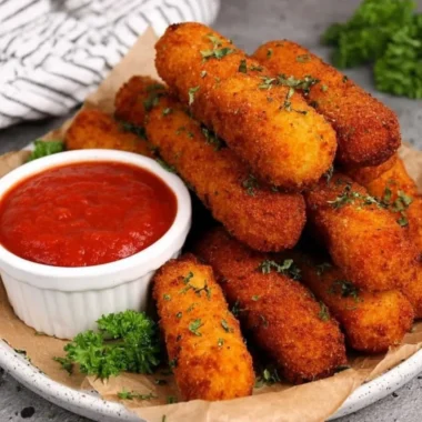 Plate of homemade mozzarella sticks with marinara sauce for dipping