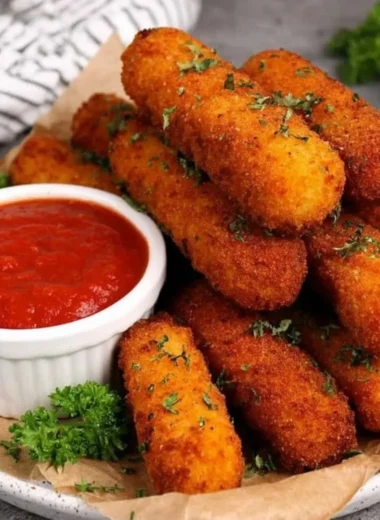 Plate of homemade mozzarella sticks with marinara sauce for dipping