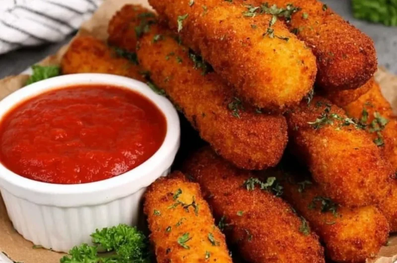 Plate of homemade mozzarella sticks with marinara sauce for dipping