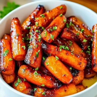 Honey garlic butter roasted carrots on a plate, garnished for presentation.
