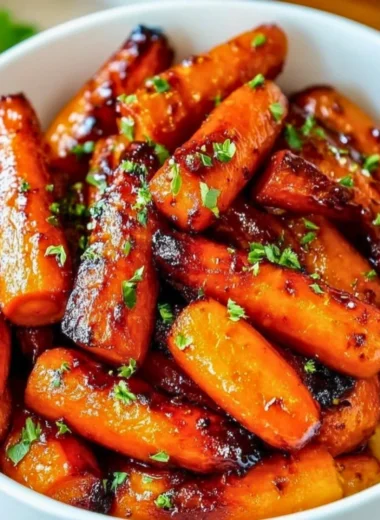Honey garlic butter roasted carrots on a plate, garnished for presentation.