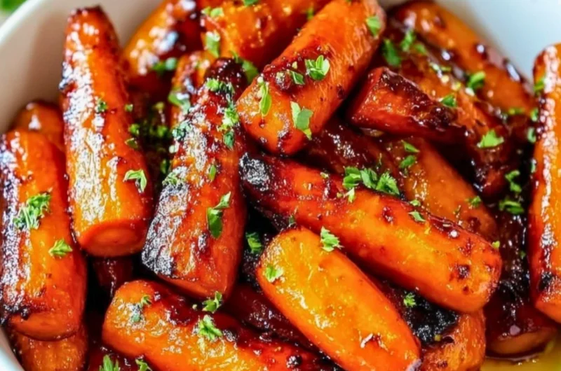 Honey garlic butter roasted carrots on a plate, garnished for presentation.