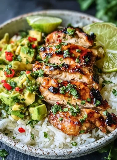Honey Lime Chicken Avocado served on a plate, garnished with fresh ingredients.