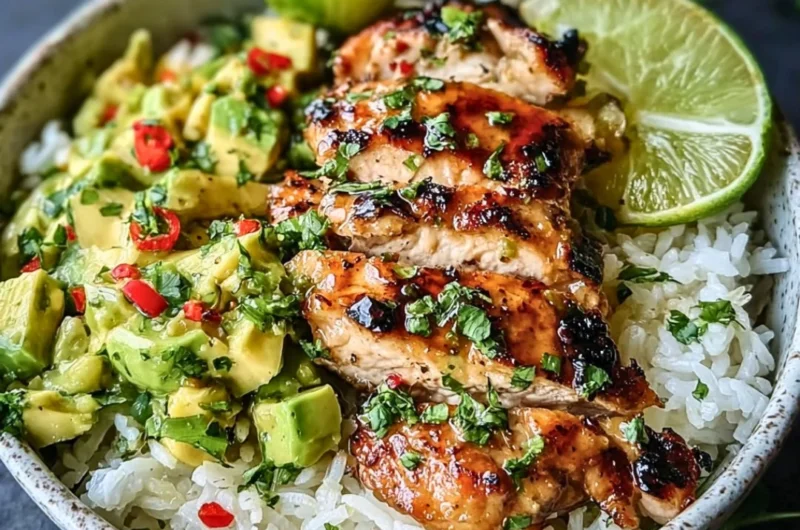 Honey Lime Chicken Avocado served on a plate, garnished with fresh ingredients.