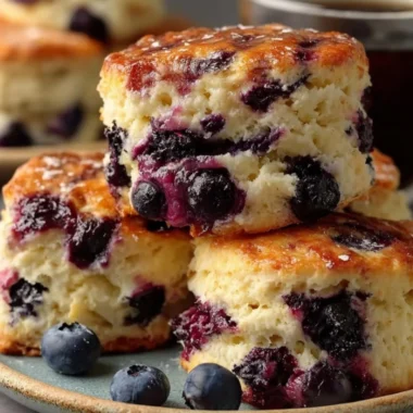 Freshly baked blueberry biscuits on a plate with blueberries