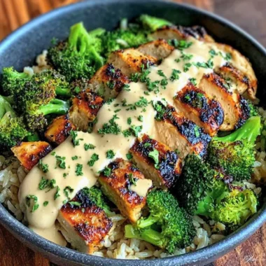 Grilled chicken and broccoli bowls with creamy garlic sauce ready to serve