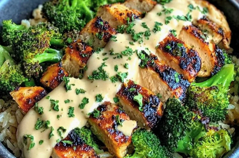 Grilled chicken and broccoli bowls with creamy garlic sauce ready to serve