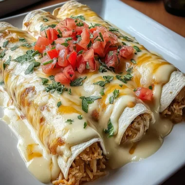 Delicious queso chicken enchiladas served on a plate with toppings