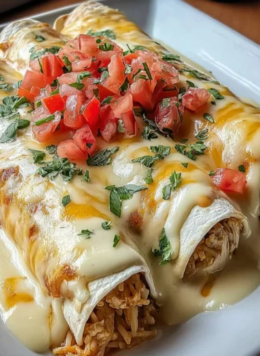 Delicious queso chicken enchiladas served on a plate with toppings