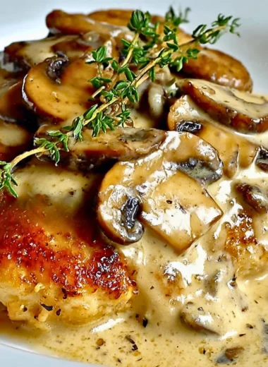 Creamy mushroom Asiago chicken dish served in a bowl with herbs