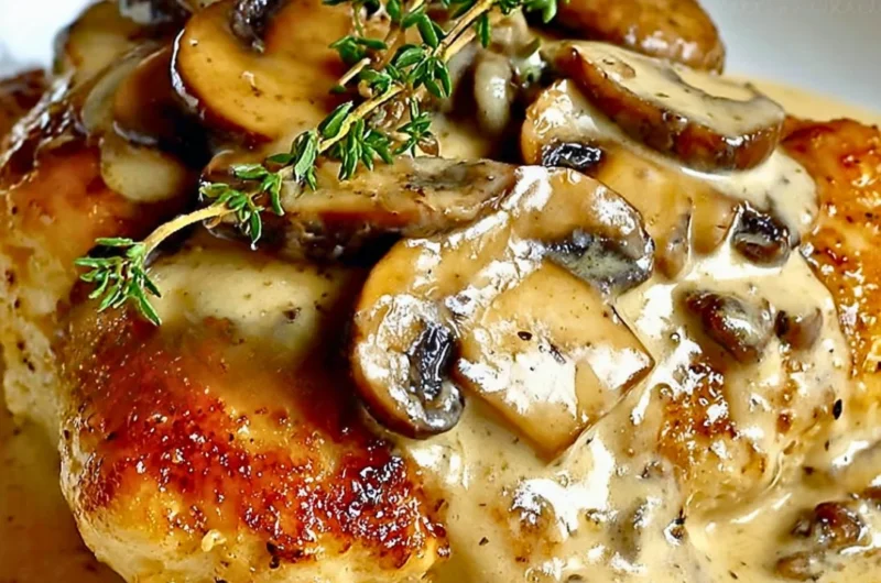 Creamy mushroom Asiago chicken dish served in a bowl with herbs