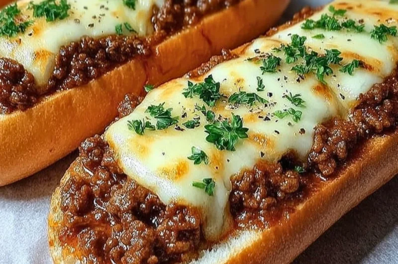 Italian Garlic Bread Sloppy Joes with melted cheese and herbs on a wooden board