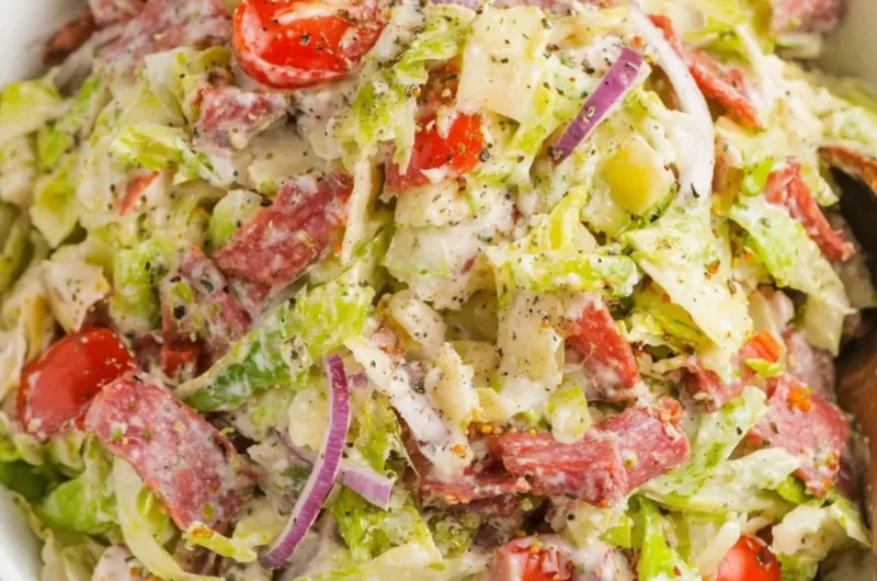 Italian Grinder Salad with fresh veggies and meats, chopped and ready to serve.