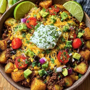 Loaded potato taco bowl topped with fresh ingredients and garnishes