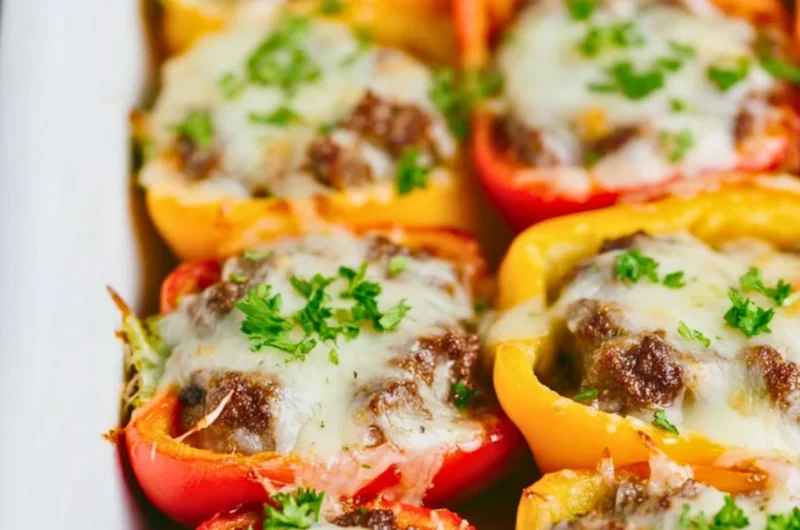 Low-Carb Keto Cheeseburger Stuffed Peppers ready to serve
