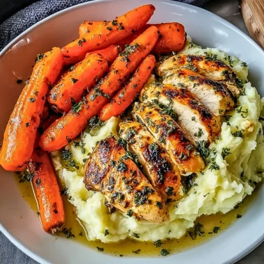 Garlic Herb Chicken with mashed potatoes and glazed carrots on a plate
