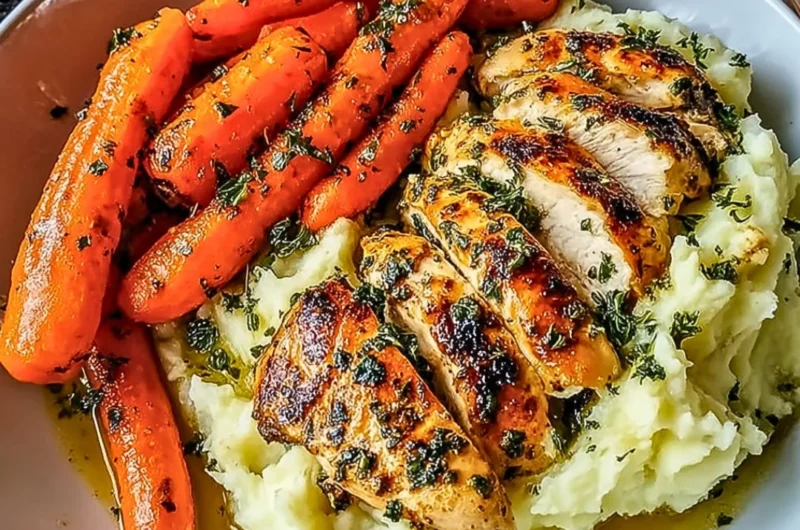 Garlic Herb Chicken with mashed potatoes and glazed carrots on a plate