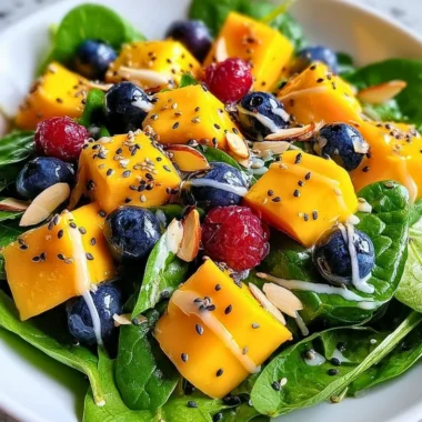 Colorful mango salad with fresh vegetables and herbs