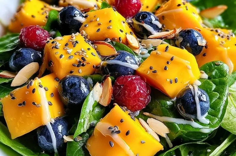 Colorful mango salad with fresh vegetables and herbs