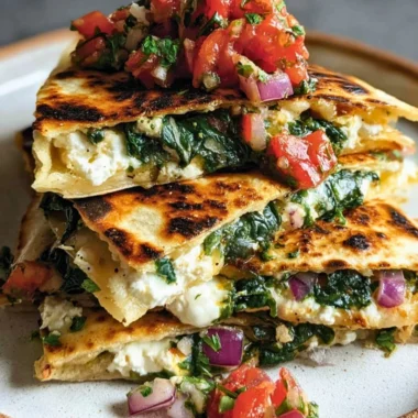 Mediterranean Quesadillas with spinach, feta, mozzarella, and red onion stacked on a plate