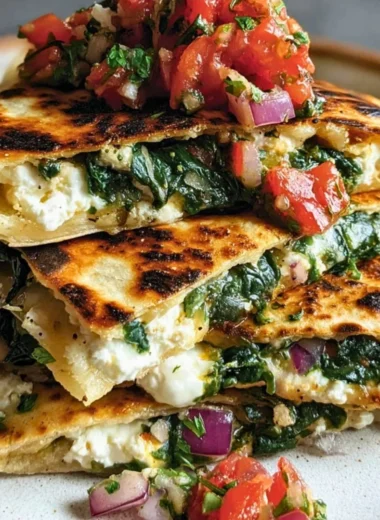 Mediterranean Quesadillas with spinach, feta, mozzarella, and red onion stacked on a plate