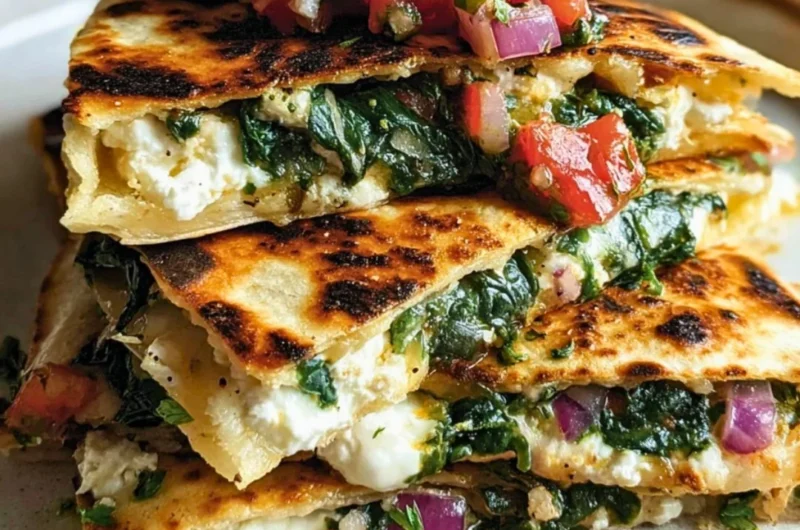 Mediterranean Quesadillas with spinach, feta, mozzarella, and red onion stacked on a plate