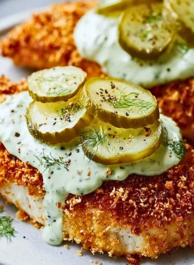 Delicious Parmesan chicken garnished with dill pickles, served on a plate.