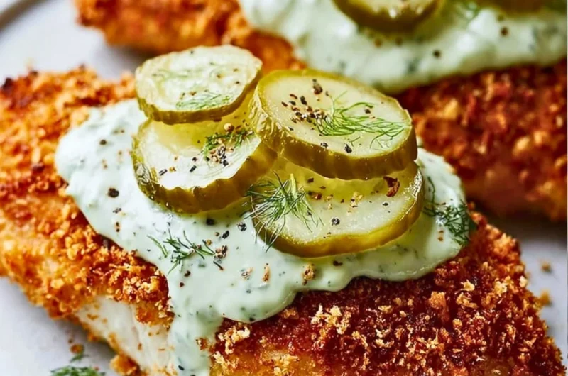 Delicious Parmesan chicken garnished with dill pickles, served on a plate.