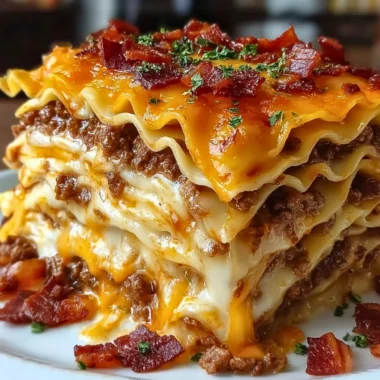 Parmesan Garlic Bacon Cheeseburger Lasagna topped with cheese and bacon.