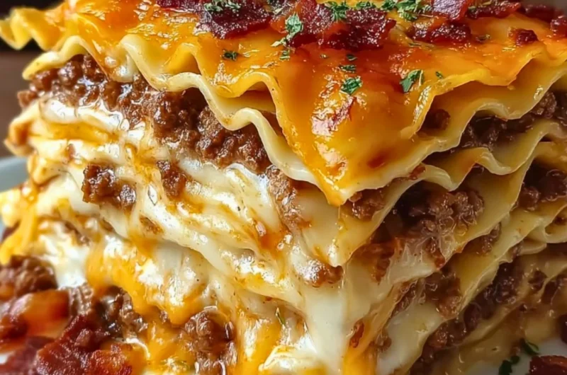 Parmesan Garlic Bacon Cheeseburger Lasagna topped with cheese and bacon.