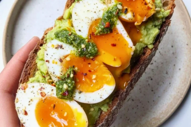 Delicious pesto avocado toast topped with eggs, perfect for brunch.