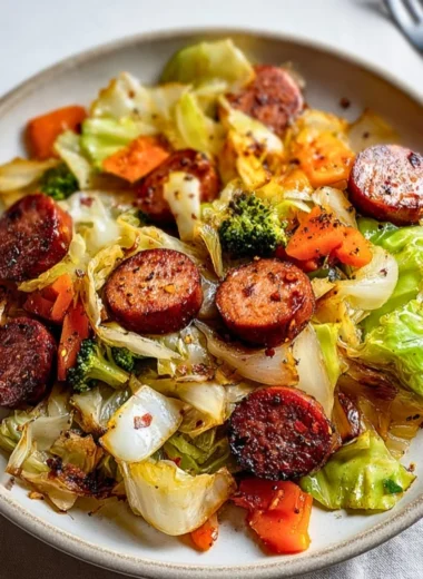 Delicious sausage and cabbage stir fry dish served in a bowl.