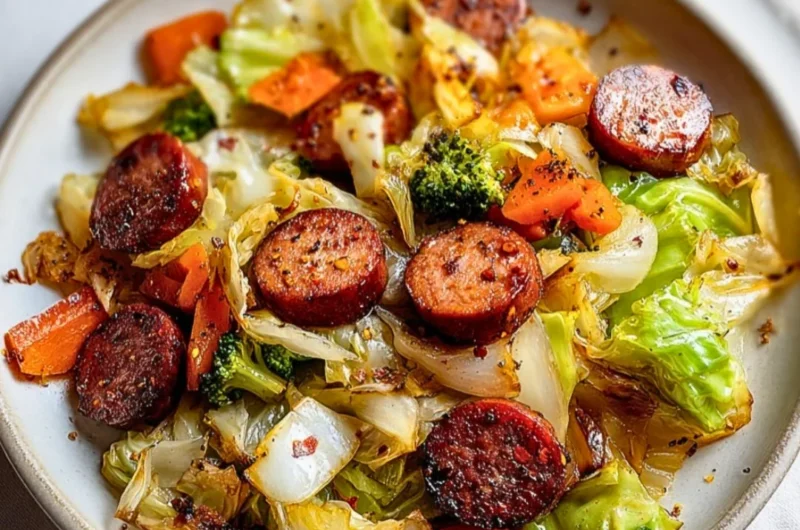 Delicious sausage and cabbage stir fry dish served in a bowl.