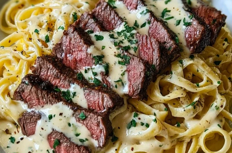 Delicious Steak Gorgonzola Alfredo served with creamy parmesan sauce