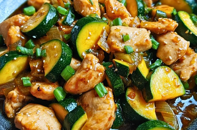 Simple chicken zucchini stir fry in a skillet with colorful vegetables