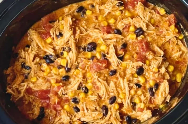 Delicious Southwest Crock Pot Chicken and Rice dish prepared in a slow cooker.