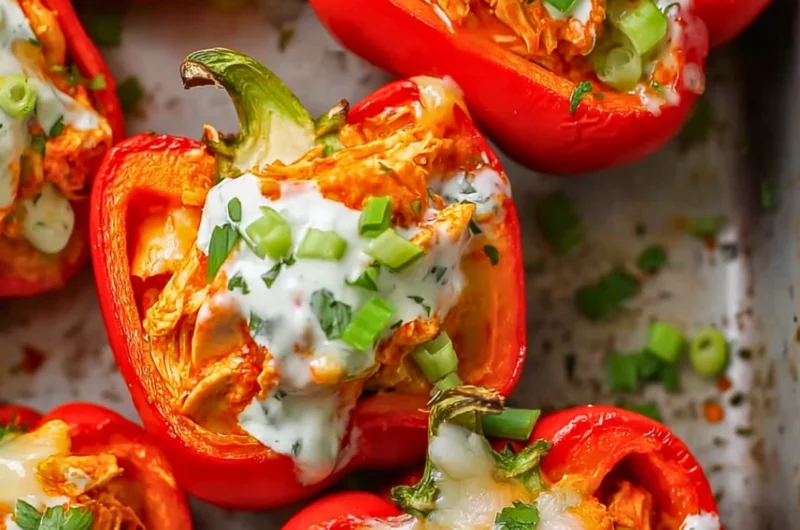 Spicy Buffalo Chicken stuffed peppers ready to serve for a tasty meal.