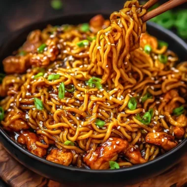 Delicious Sticky Garlic Chicken Noodles served in a bowl, garnished with herbs.