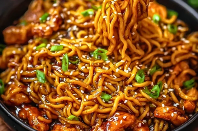 Delicious Sticky Garlic Chicken Noodles served in a bowl, garnished with herbs.