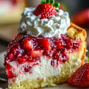 Delicious Strawberry Earthquake Cake with strawberries and cream cheese topping