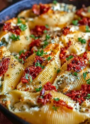 Sun-Dried Tomato Ricotta Stuffed Shells ready to be served