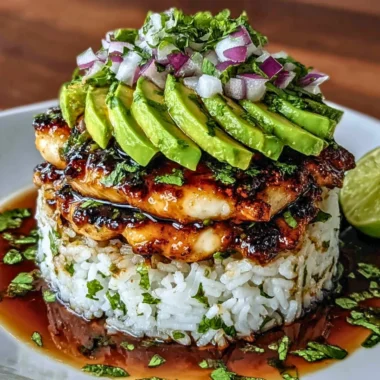 Delicious honey lime chicken with avocado rice stack on a plate