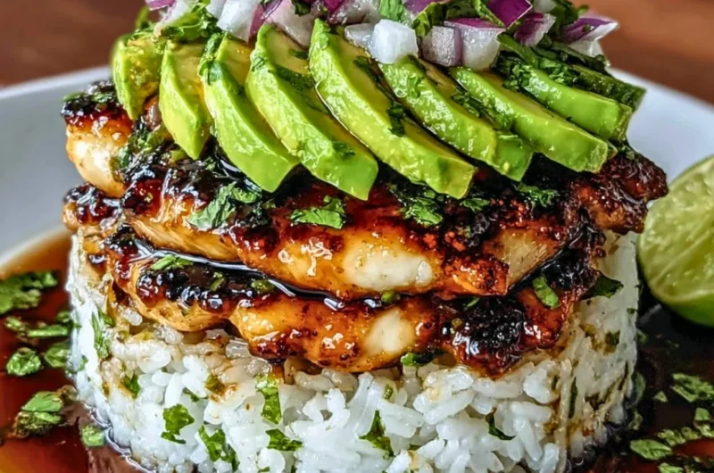 Delicious honey lime chicken with avocado rice stack on a plate
