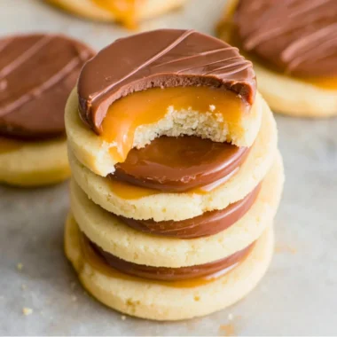 Delicious Twix Cookies with chocolate, caramel, and cookie layers