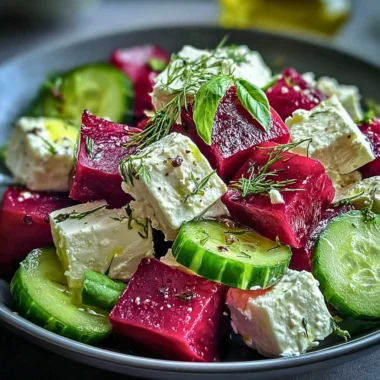 Vibrant beet salad with feta cheese and cucumbers on a plate.