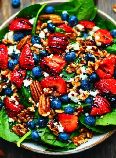 Fresh strawberry spinach salad with dressing in a bowl